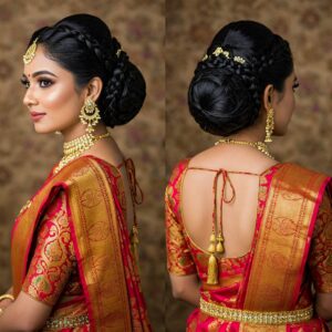 braided crown bun hairstyle for a saree