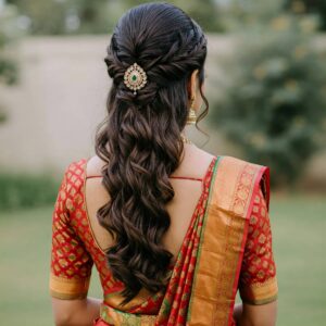 half-up half-down hairdo hairstyle for a saree