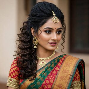 loose curls with puff hairstyle for a saree