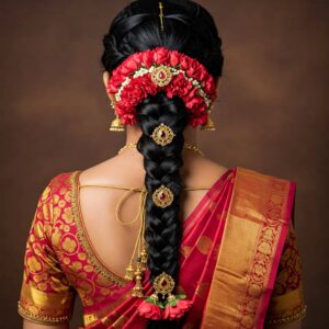 woman with a side braid adorned with a gajra, wearing a beautiful saree