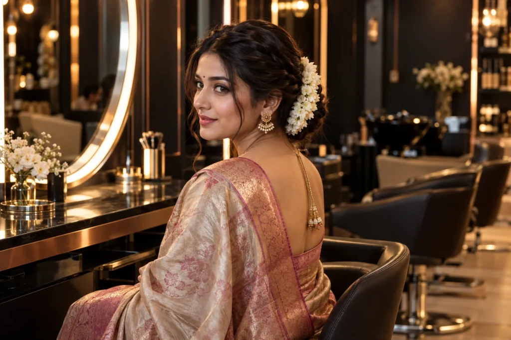 10 Hairstyles For Saree: Ideas To Look Like A Traditional Indian Diva – Stylelife Unisex Salon, Vasundhara